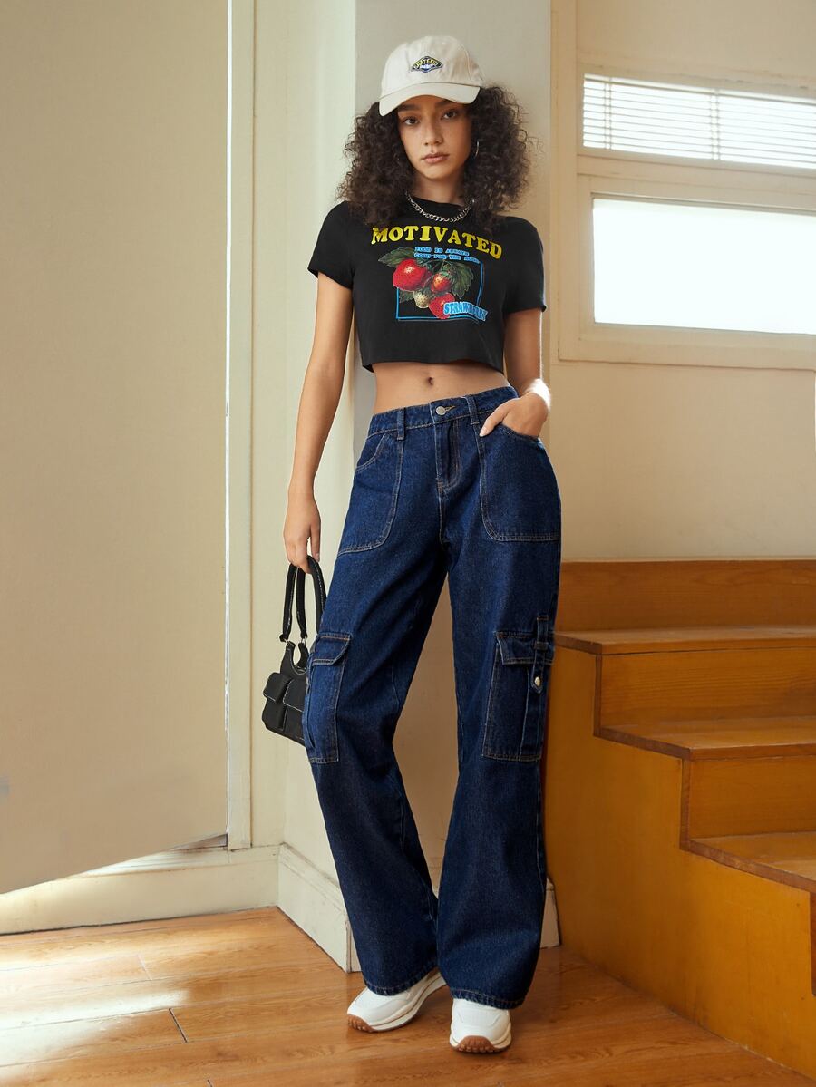 SHEIN EZwear 翻蓋口袋工裝牛仔褲