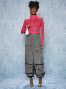 SHEINNeu High Neck Sheer Jumper Without Bra - Pink - View 2