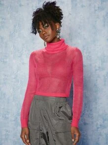 SHEINNeu High Neck Sheer Jumper Without Bra - Pink - View 4