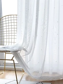 Faux Pearl Decor Single Panel Sheer Curtain - White - View 2