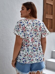 SHEIN VCAY Plus Floral Print Tie Neck Butterfly Sleeve Blouse - Multicolor - View 2
