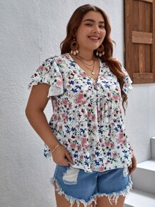 SHEIN VCAY Plus Floral Print Tie Neck Butterfly Sleeve Blouse - Multicolor - View 3