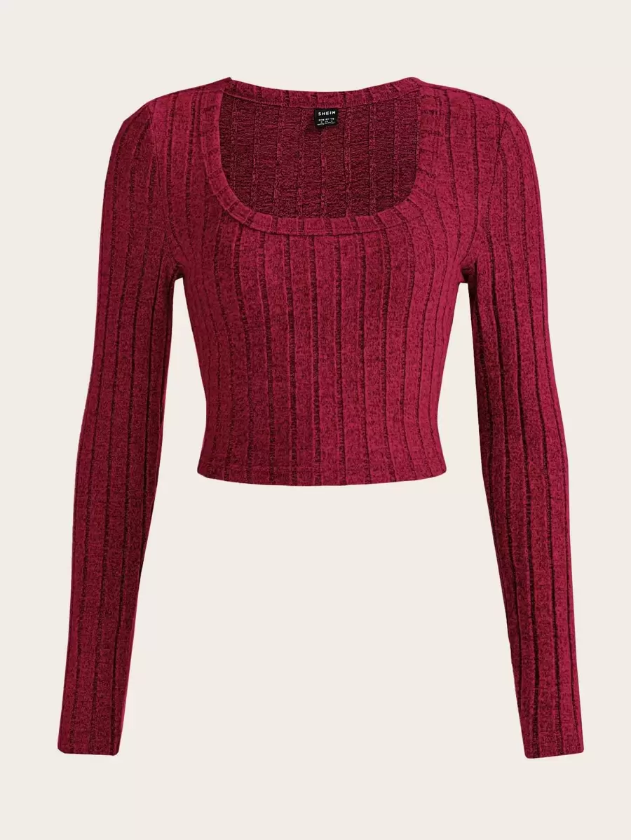 SHEIN EZwear Solid Scoop Neck Crop Tee - Rose Red - View 1