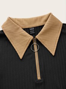 SHEIN EZwear 拼接領1/4拉鍊連體衣 - 黑色 - 查看 3