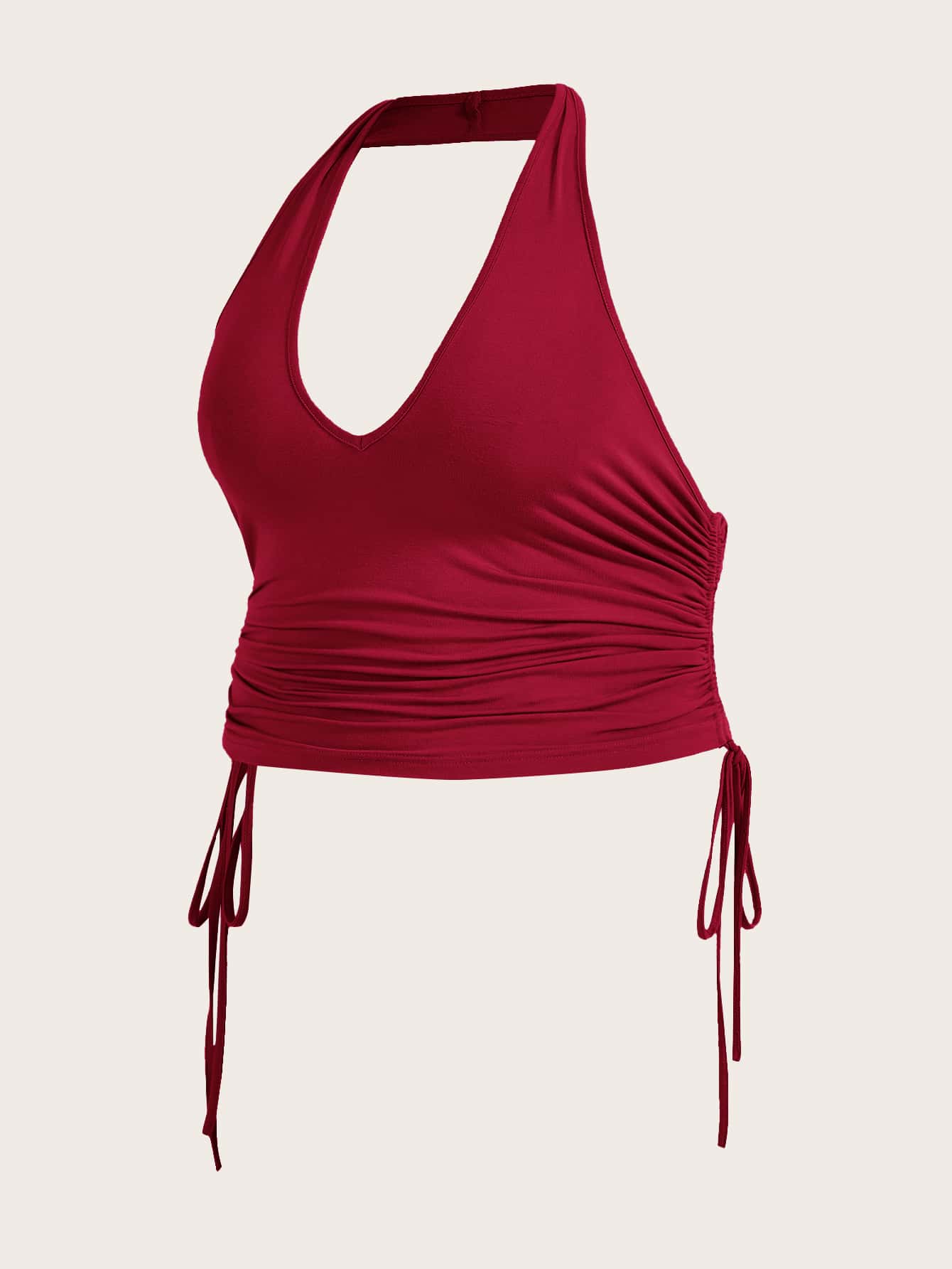 SHEIN EZwear 大碼繞頸抽繩露背短款上衣 - 酒紅色 - 查看 1