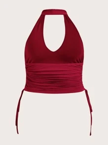 SHEIN EZwear 大碼繞頸抽繩露背短款上衣 - 酒紅色 - 查看 2