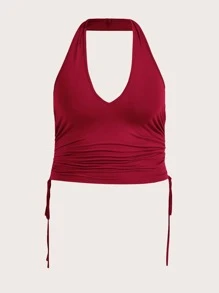 SHEIN EZwear 大碼繞頸抽繩露背短款上衣 - 酒紅色 - 查看 3