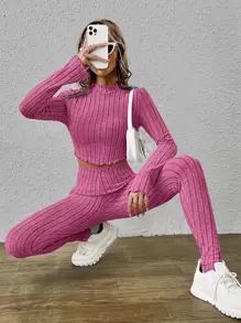 Muchica Mock Neck Lettuce Trim Crop Tee & Leggings