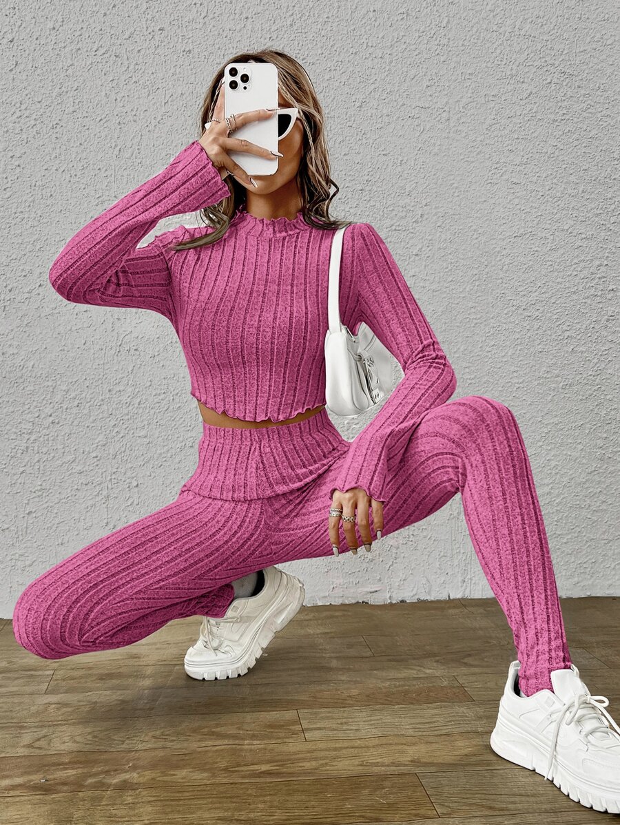 Muchica Mock Neck Lettuce Trim Crop Tee & Leggings