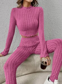 Muchica Mock Neck Lettuce Trim Crop Tee & Leggings