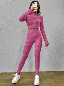 Muchica Mock Neck Lettuce Trim Crop Tee & Leggings