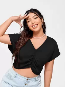 SHEIN EZwear Plus Batwing Sleeve Ruched Crop Blouse - Black - View 1
