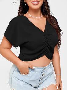 SHEIN EZwear Plus Batwing Sleeve Ruched Crop Blouse - Black - View 3