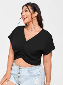 SHEIN EZwear Plus Batwing Sleeve Ruched Crop Blouse - Black - View 4
