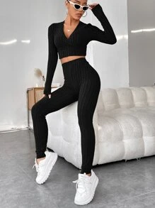 SHEIN EZwear 交疊領短款上衣和緊身打底褲 - 黑色 - 查看 3