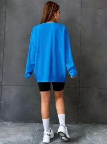 SHEIN EZwear Letter Patched Drop Shoulder Tee - Blue - View 2