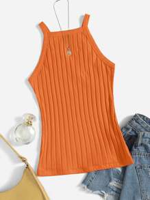 SHEIN EZwear Rib-knit Cami Top - Orange - View 6