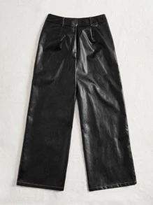 ROMWE PUNK Plus Solid PU Leather Wide Leg Trousers - Black - View 2