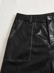 ROMWE PUNK Plus Solid PU Leather Wide Leg Trousers - Black - View 3