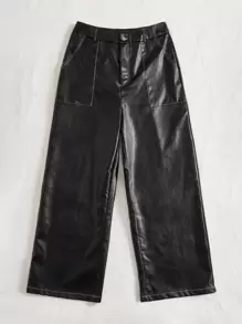 ROMWE PUNK Plus Solid PU Leather Wide Leg Trousers - Black - View 4