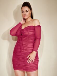 SHEIN SXY Plus Ruched Frilled Lace Up Off Shoulder Mesh Bodycon Dress - Red Violet - View 5