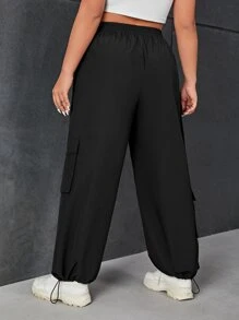 SHEIN EZwear Plus Flap Pocket Drawstring Hem Cargo Trousers - Black - View 2