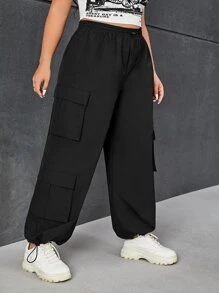 SHEIN EZwear Plus Flap Pocket Drawstring Hem Cargo Trousers - Black - View 3