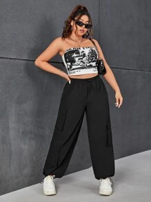 SHEIN EZwear Plus Flap Pocket Drawstring Hem Cargo Trousers - Black - View 4