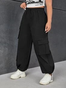 SHEIN EZwear Plus Flap Pocket Drawstring Hem Cargo Trousers - Black - View 5