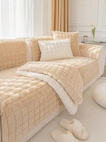 1pc Quilted Detail Fuzzy Sofa Towel - Camel - View 1