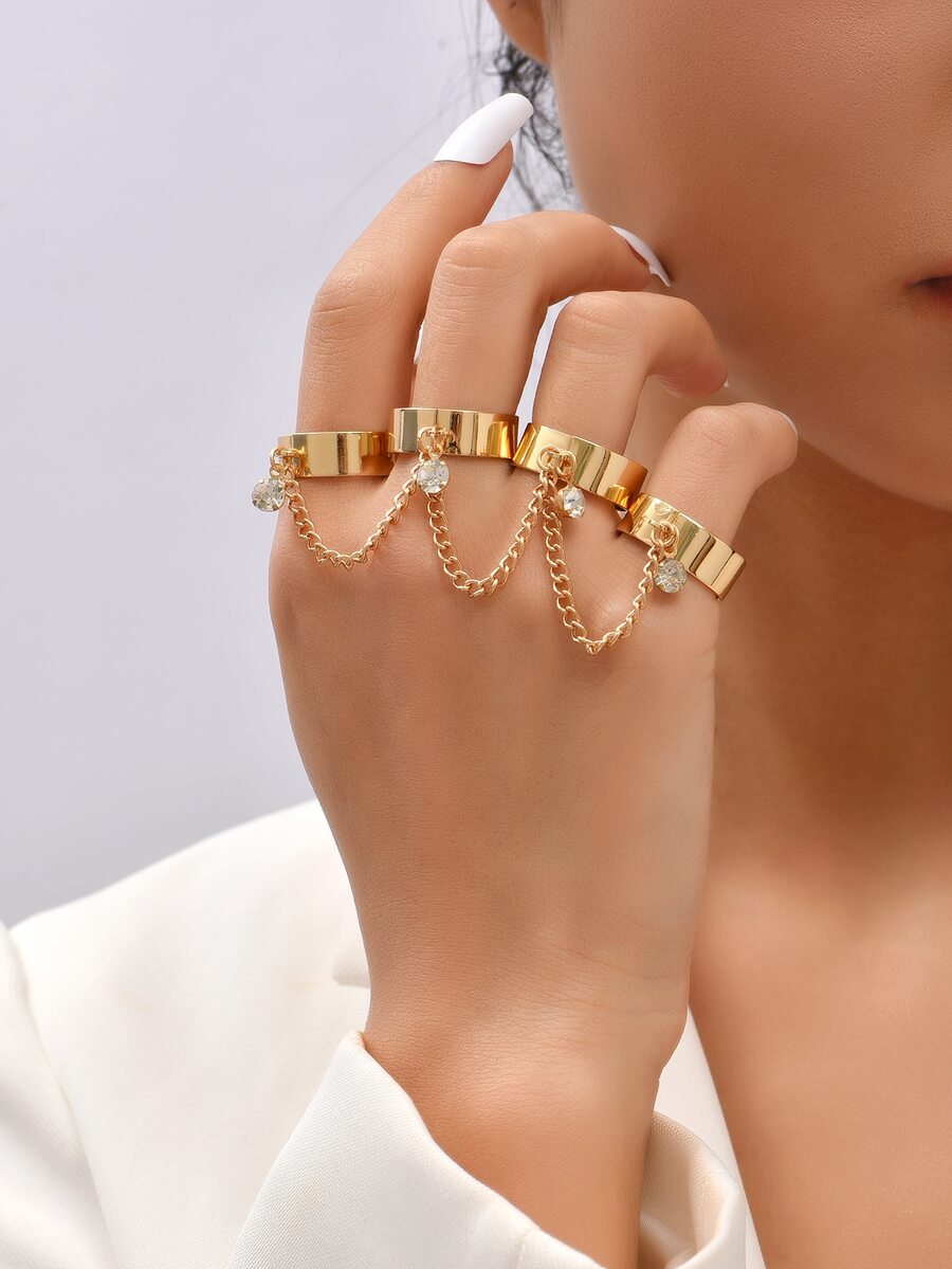 1pc Metal Chain Punk Style Alloy Four-Finger Ring - Yellow Gold - View 1