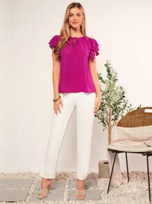 SHEIN Clasi Tie Neck Butterfly Sleeve Top - Red Violet - View 4