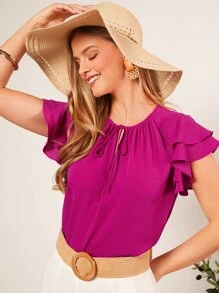 SHEIN Clasi Tie Neck Butterfly Sleeve Top - Red Violet - View 5