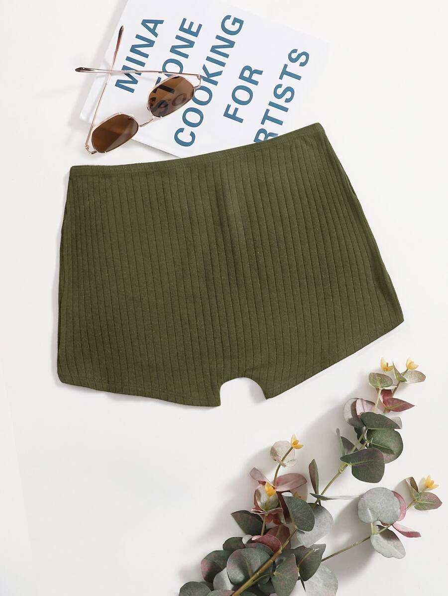 SHEIN EZwear Solid Rib-knit Cycling Shorts - Army Green - View 1