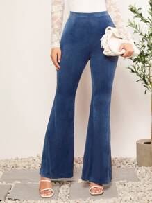 SHEIN BAE Flare Leg Velvet Trousers - Blue - View 1
