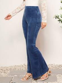 SHEIN BAE Flare Leg Velvet Trousers - Blue - View 4
