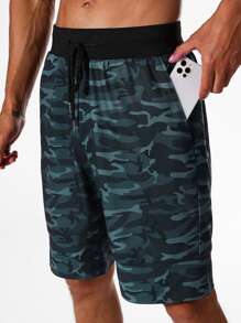 Hombres Shorts deportivos con estampado de camuflaje de cintura con cordón - Multicolor - Ver 5