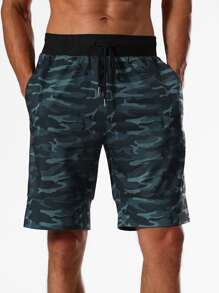 Hombres Shorts deportivos con estampado de camuflaje de cintura con cordón - Multicolor - Ver 6
