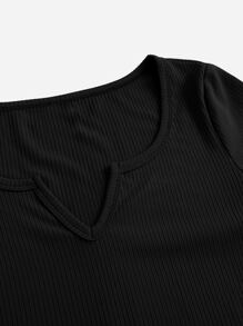 SHEIN EZwear Áo thun nữ Xù nhỏ Gân đan màu trơn Giải trí - màu đen - Xem 4
