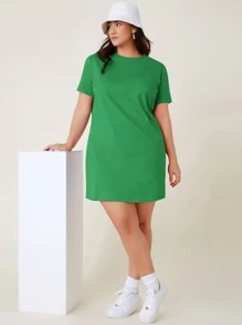 SHEIN BASICS Plus  Short Sleeve Solid Tee Dress - Green - View 4