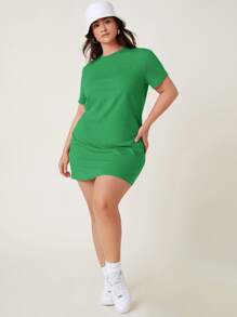 SHEIN BASICS Plus  Short Sleeve Solid Tee Dress - Green - View 5