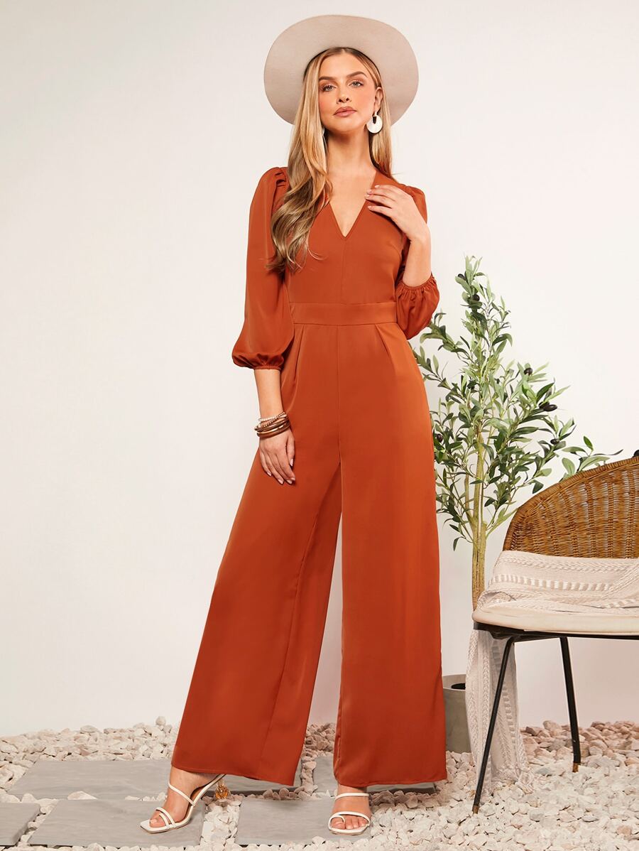 SHEIN Clasi V領燈籠袖闊腿連體褲 - 橘色 - 查看 1