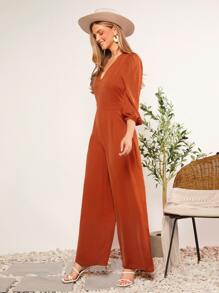 SHEIN Clasi V領燈籠袖闊腿連體褲 - 橘色 - 查看 5