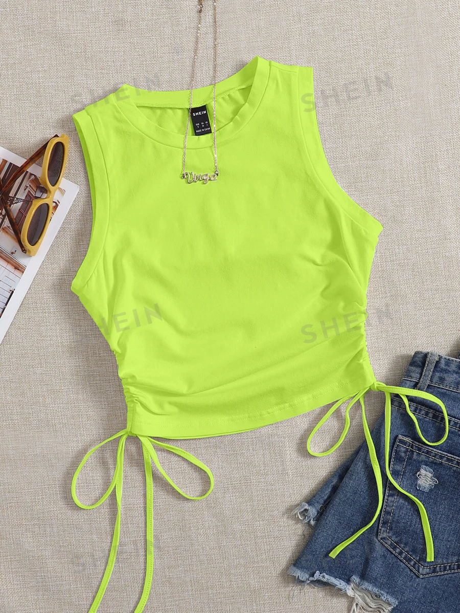 SHEIN EZwear Grünes Tankshirt mit Raffung an den Seiten und Kordelzug - Lindgrün - Übersicht 1