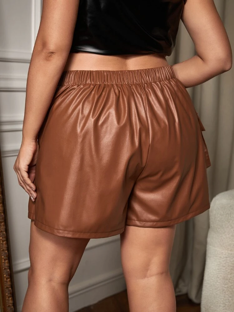 SHEIN SXY Plus High Waist Flap Pocket PU Leather Shorts - Rust Brown - View 2