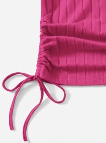 SHEIN EZwear Camiseta tejida de canalé con fruncido lateral con cordón - Rosa Fucsia - Ver 3