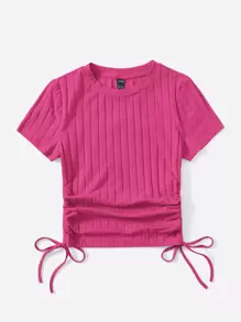 SHEIN EZwear Camiseta tejida de canalé con fruncido lateral con cordón - Rosa Fucsia - Ver 4