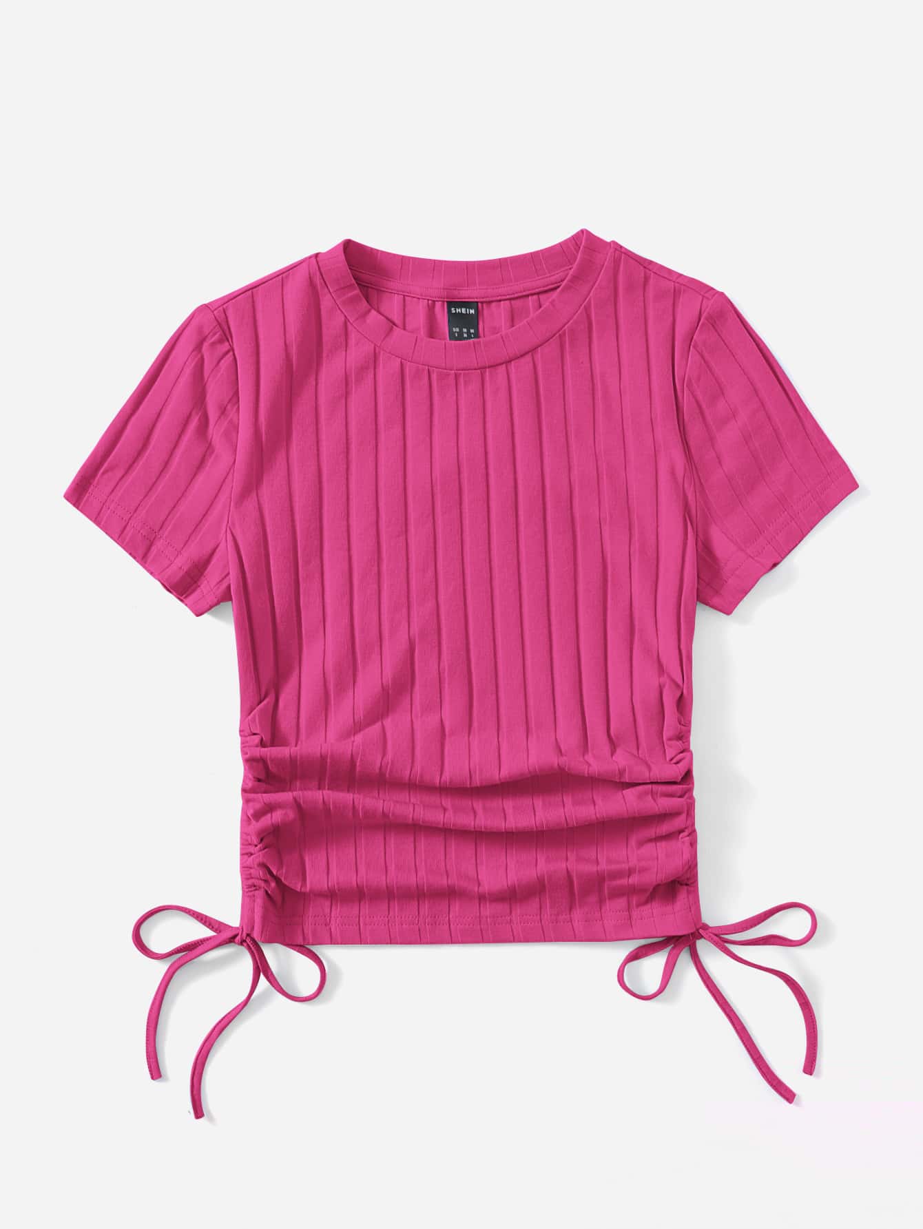 SHEIN EZwear Drawstring Ruched Side Rib-knit Tee - Hot Pink - View 4