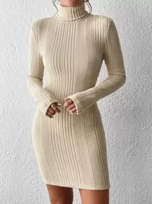 SHEIN Privé Turtleneck Ribbed Knit Bodycon Dress - Apricot - View 3