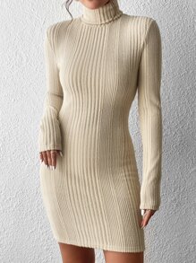 SHEIN Privé Turtleneck Ribbed Knit Bodycon Dress - Apricot - View 6